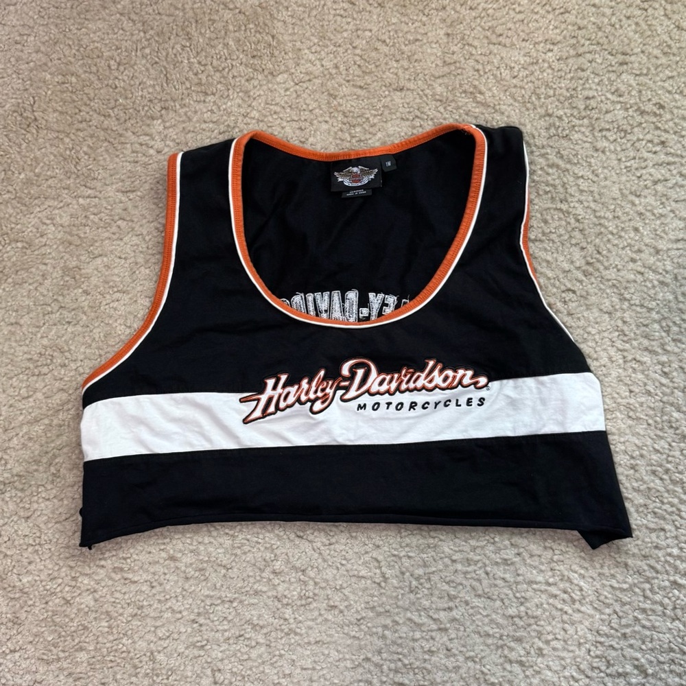 Vintage Harley-Davidson Black and White Crop Top with Orange Accents